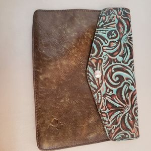 Clutch, leather, brown with green color